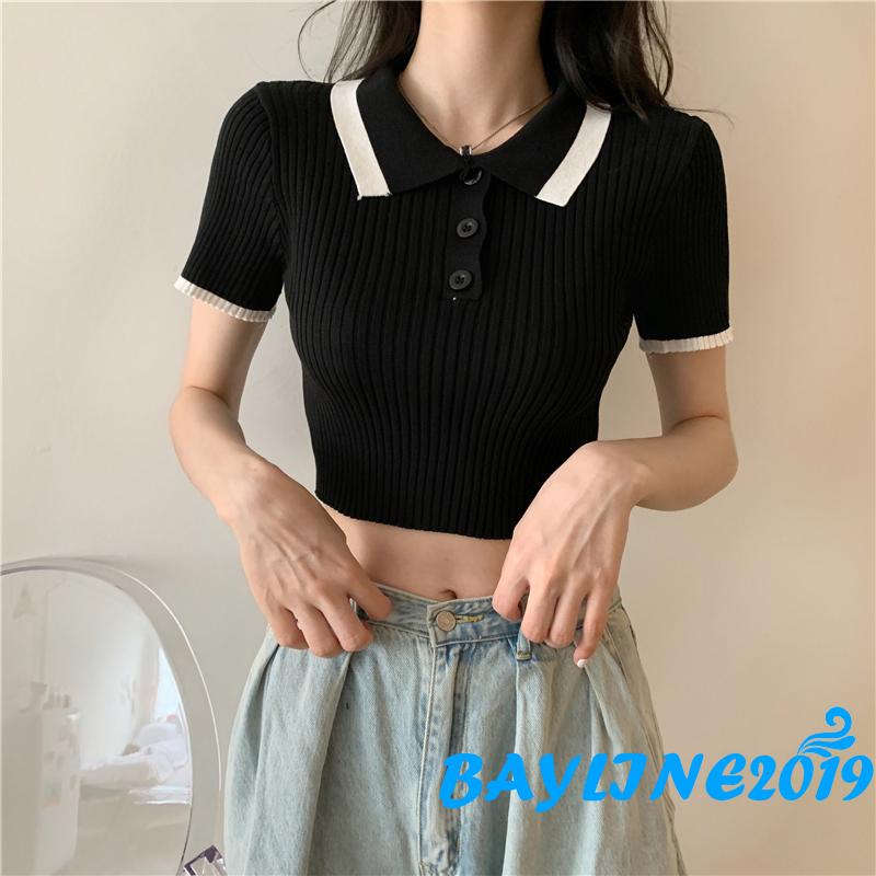 Áo Thun Croptop Tay Ngắn Cổ Bẻ Màu Sắc Thời Trang Cho Nữ | BigBuy360 - bigbuy360.vn