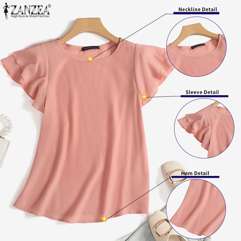 Áo kiểu Zanzea tay ngắn cổ lá sen màu trơn phong cách đường phố Châu Âu cho nữ