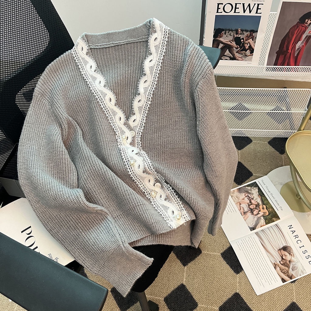 Áo Khoác Cardigan Dệt Kim Mỏng Mềm Mại Cổ Chữ V Phối Ren Thời Trang Xuân Thu Dành Cho Nữ