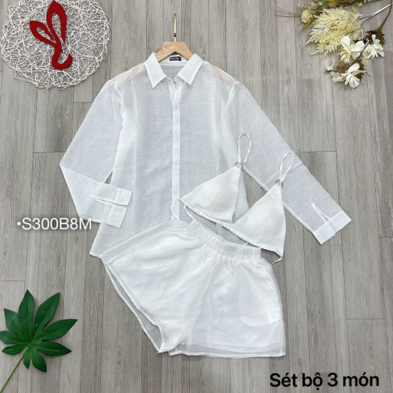 Set 3 món đi biển Bebedoll, Set bộ quần đùi sơ mi đũi form rộng khoác ngoài áo lụa kiểu cột nơ màu Xanh Rêu