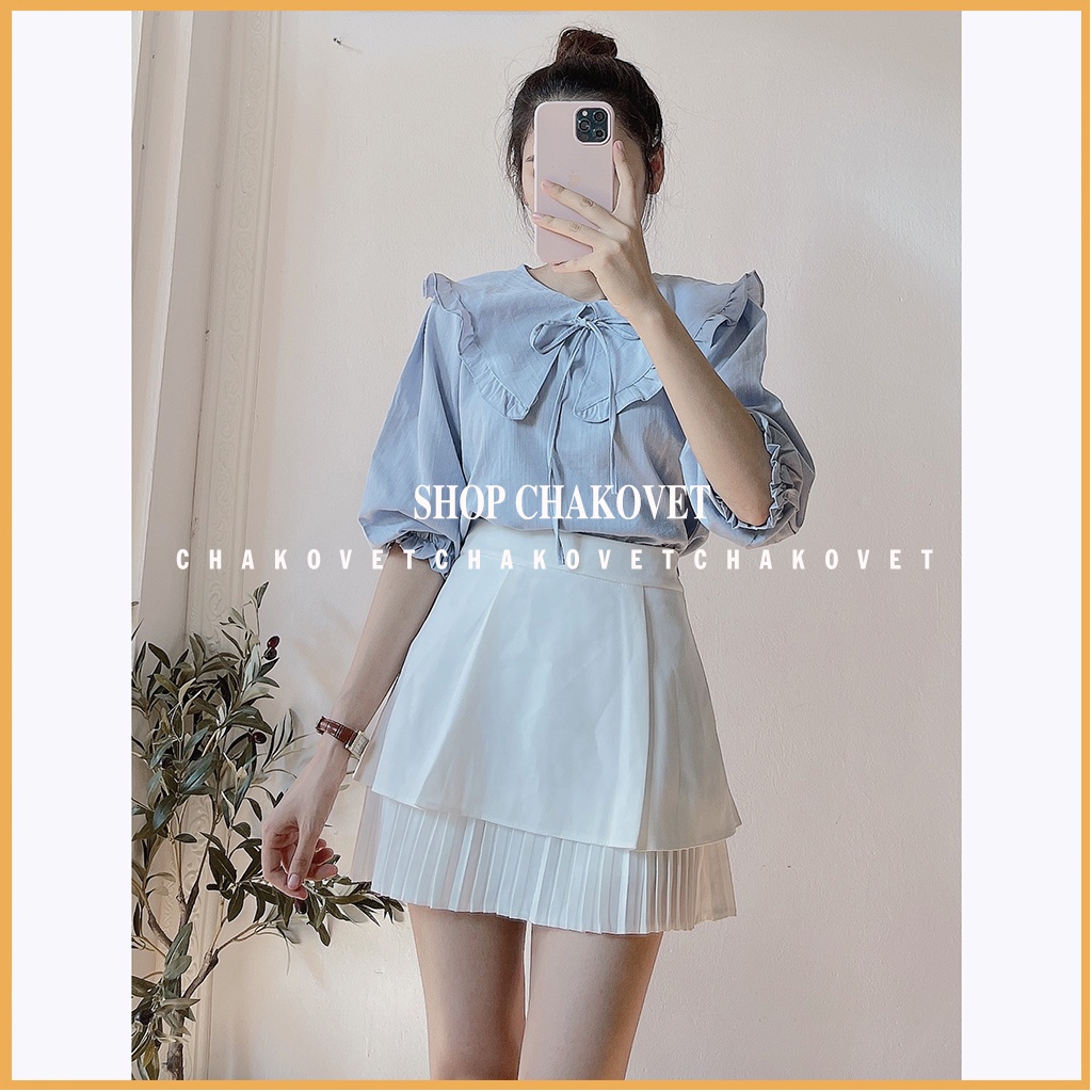 Áo kiểu nữ hàn quốc bánh bèo CKA880, sơ mi nữ tay lỡ cổ bèo buộc nơ tay bo chun thích hơp mặc đi làm đi học | BigBuy360 - bigbuy360.vn