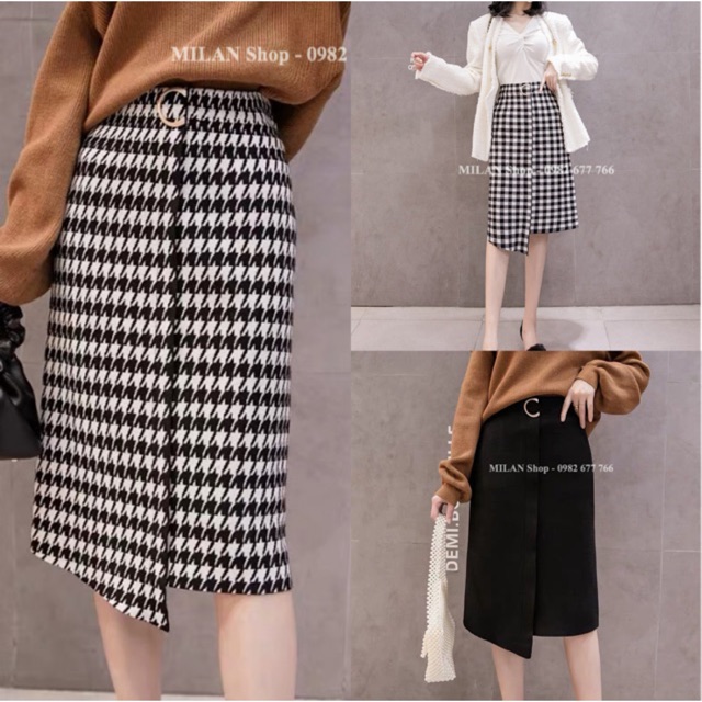 Chân váy len họa tiết dài qua gối 2 kiểu thời trang