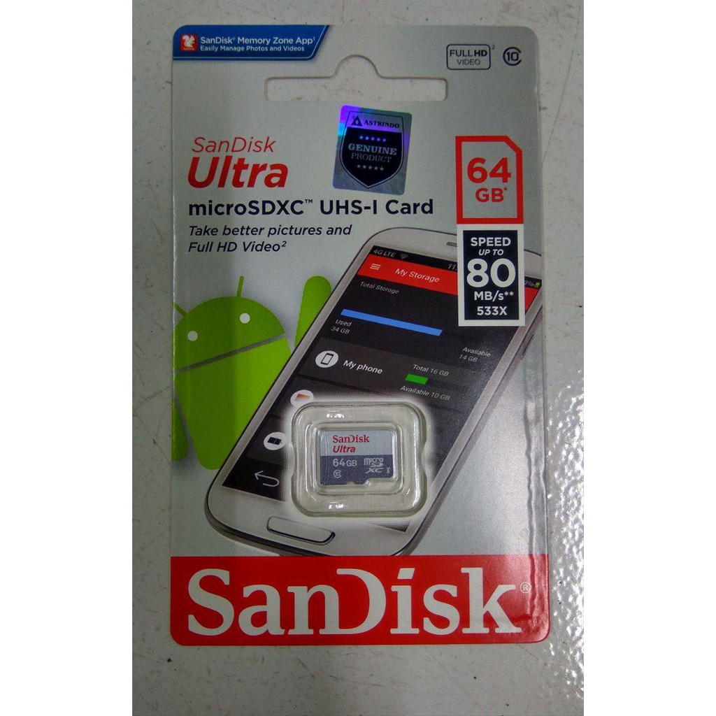 Thẻ nhớ 64GB Ultra Class10 Micro SD SanDisk | Thẻ nhớ Sdhc Class 10 64GB