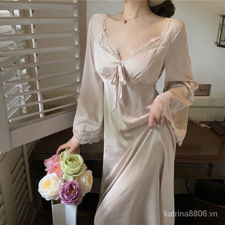 Đầm Ngủ Công Chúa Phối Ren Đính Nơ Phong Cách Hoàng Gia Pháp Thanh Lịch
