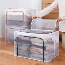 Hộp vải khung sắt đựng quần áo, chăn màn gấp gọn khóa chữ U dễ dàng lấy và cất đồ, thiết kế trong suốt thời trang