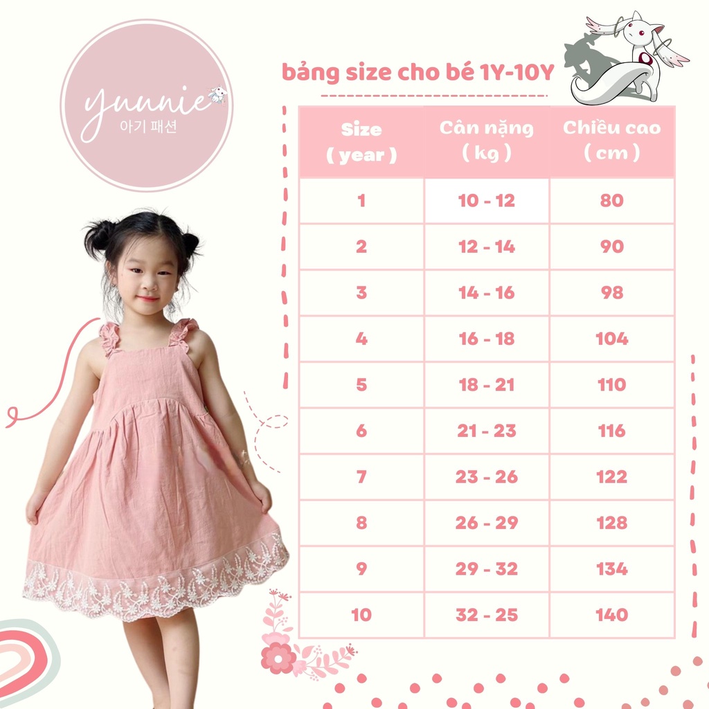 Váy bé gái YUUNIE trắng 2 dây bản vai túi viền cho trẻ em 3,4,5,6,7,8,9,10 tuổi