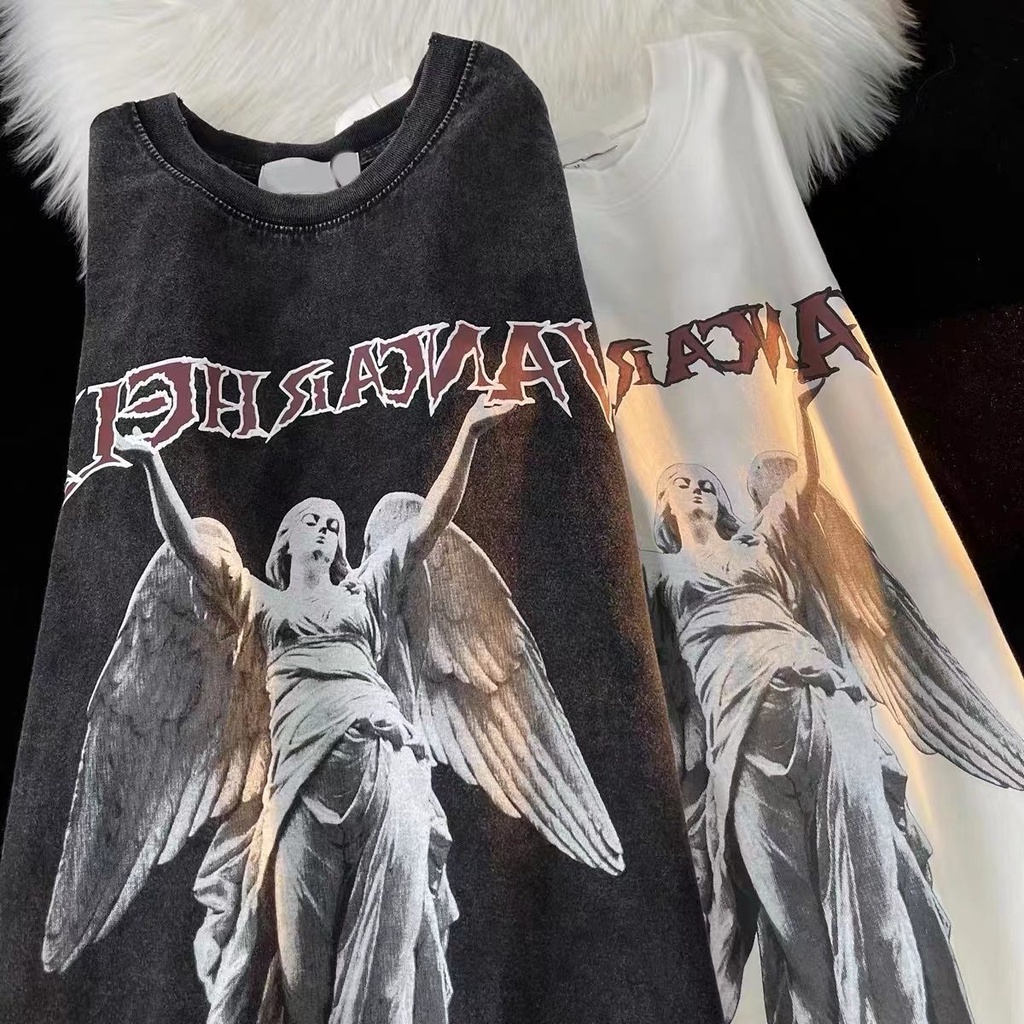 Áo thun MMIOT tay ngắn cổ tròn in họa tiết thiên thần phong cách cổ điển Mỹ thời trang mùa hè 2023 cho nữ