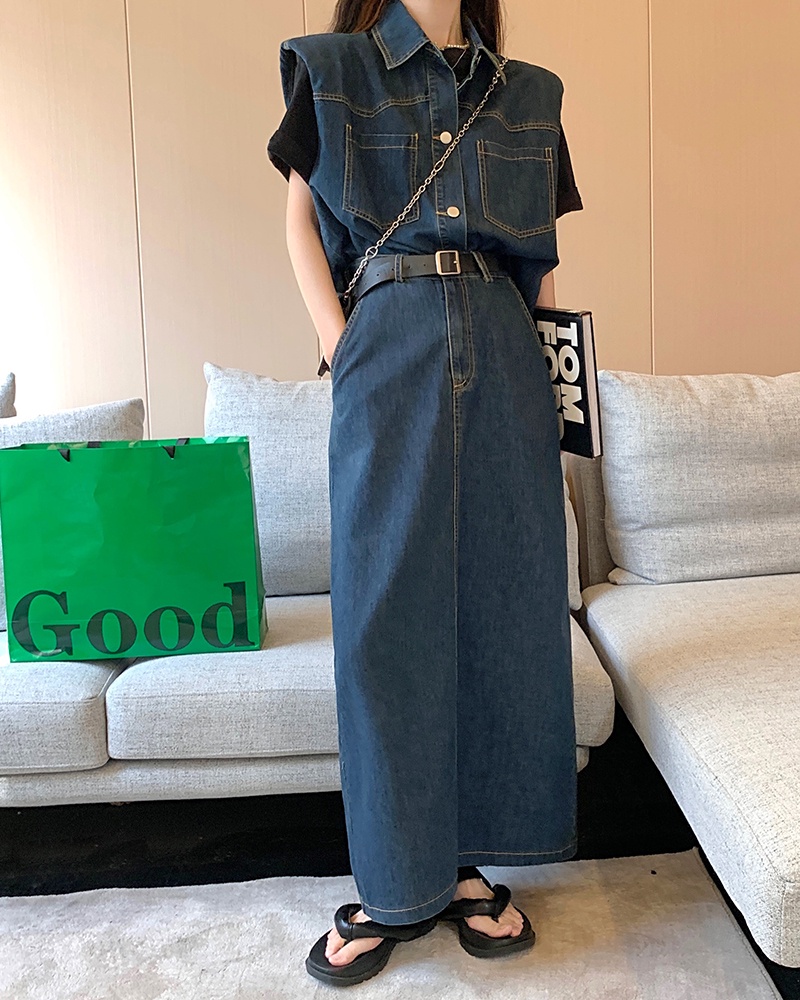 Áo khoác denim sát nách/ Chân váy denim xẻ tà Peppermint 53642 phong cách Hong Kong cổ điển thời trang mùa hè mới