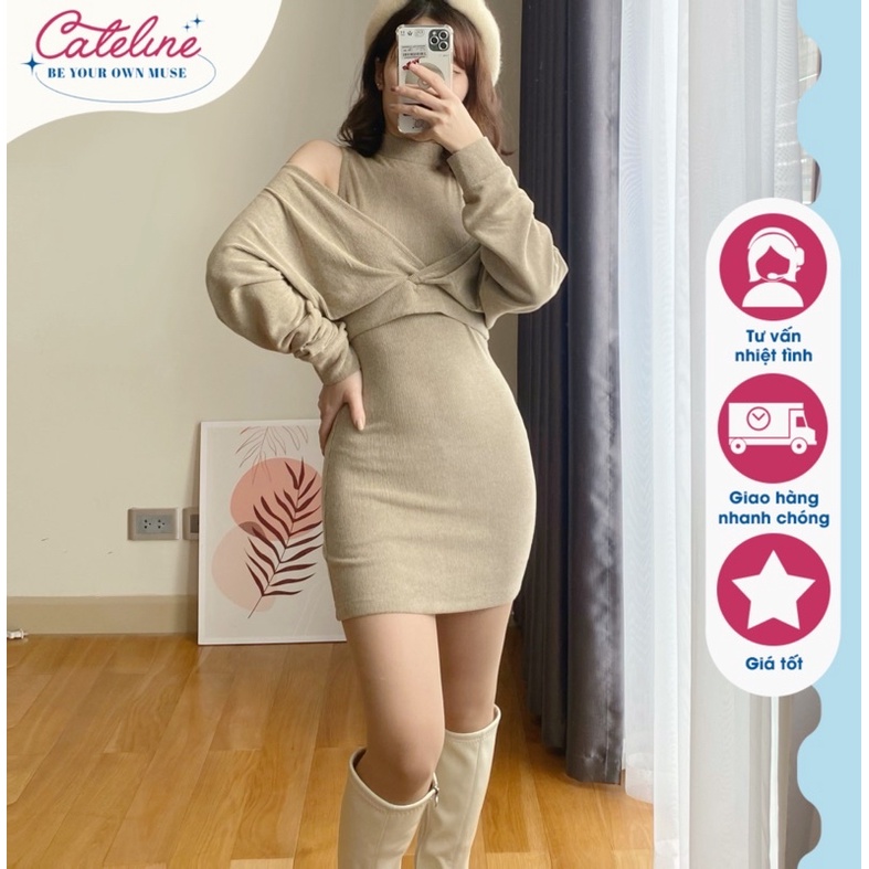 Set váy nữ Cateline len tăm body kèm khoác trễ vai chữ V quyến rũ - SCL001