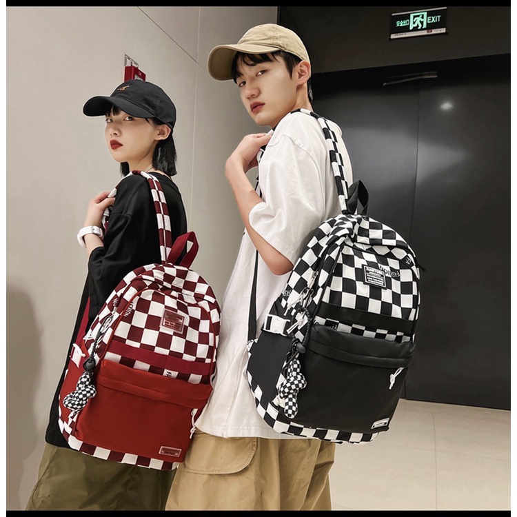 Balo nam nữ kẻ sọc caro unisex vải chống thấm nước độ bền cao thời trang đi học 3511