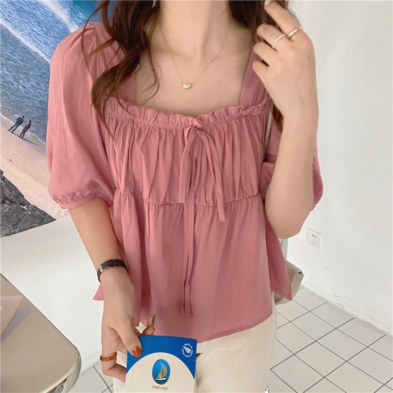 Áo sơ mi nữ tay bồng xếp ly ngực dáng babydoll