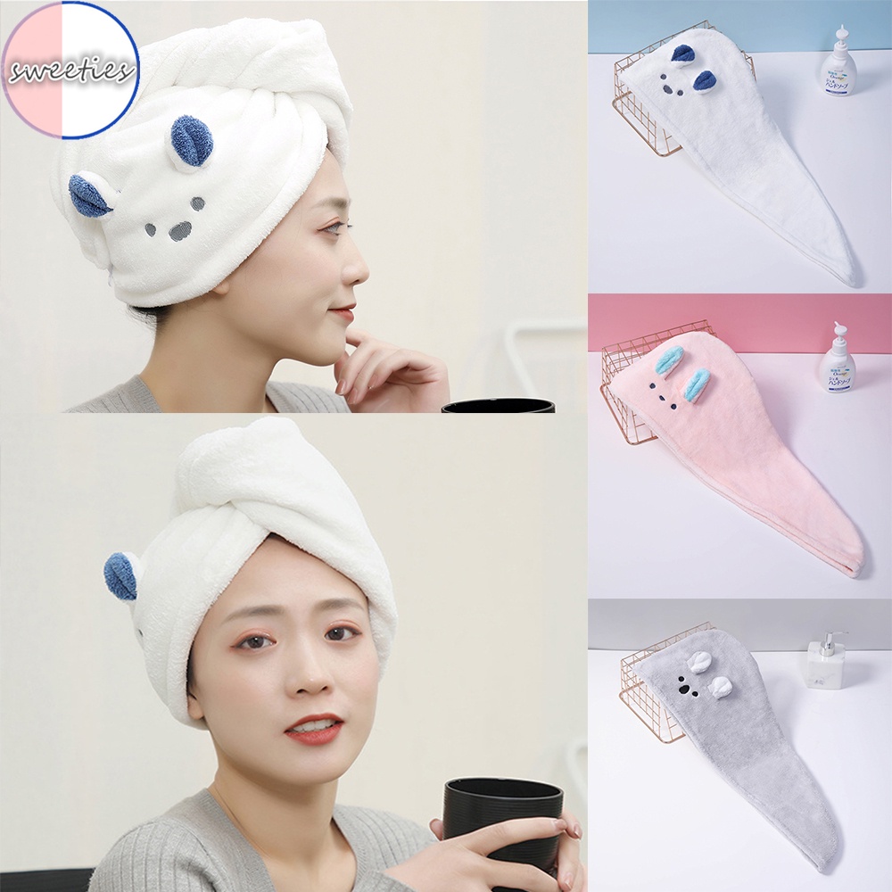 Mũ Tắm Vải Lông Cừu San Hô Hình Tai Thỏ Chống Trượt Nhanh Khô Dễ Thương