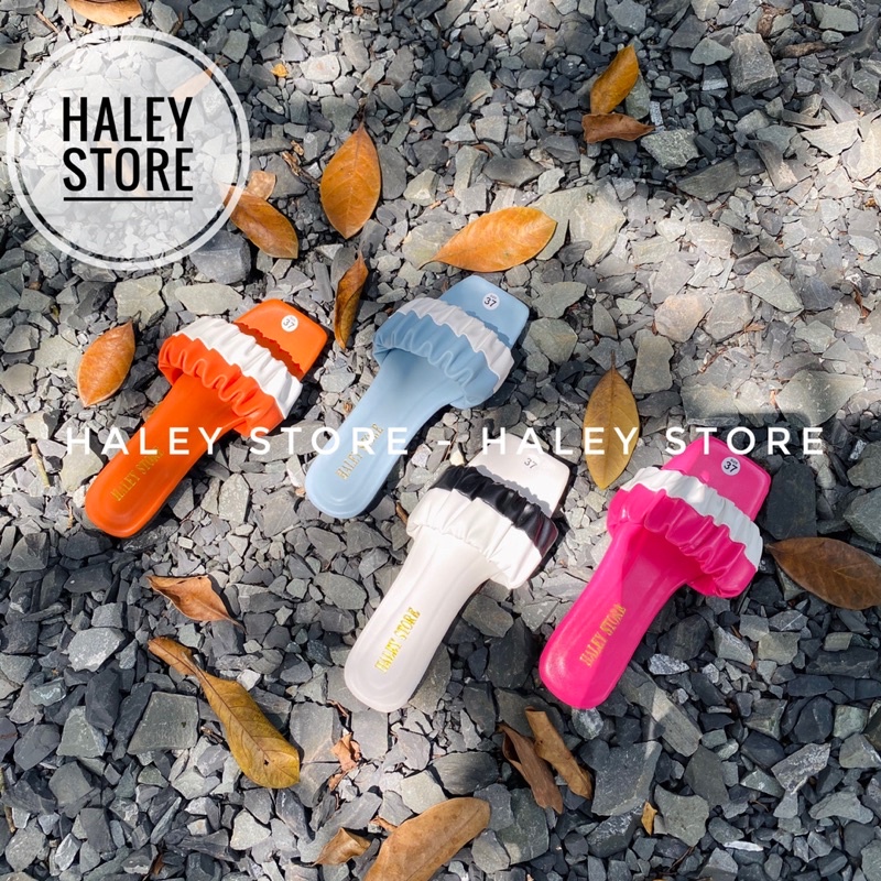 Dép nữ HALEY STORE mũi vuông đế bệt quai ngang nhún nhúm nhung bèo phối nhiều màu hot bò sữa hồng hottrend