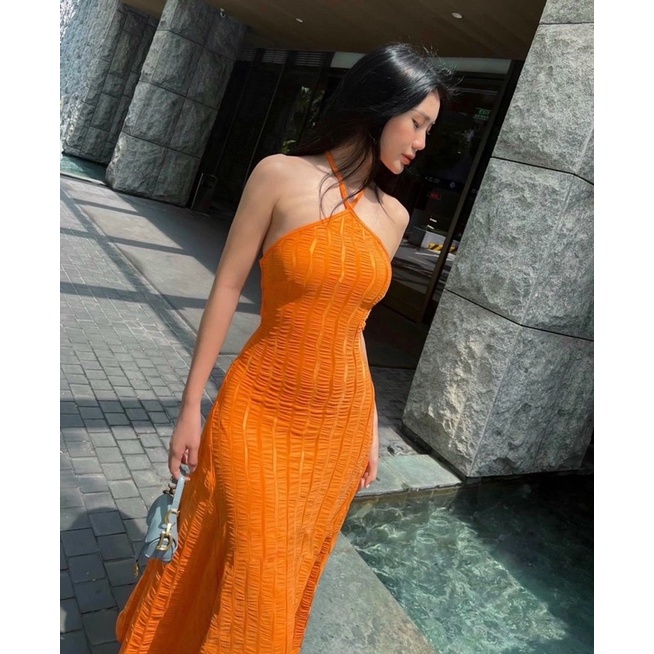 Váy đầm maxi cổ yếm đan dây lưng sọc nhún sexy quyến rũ màu hot trend