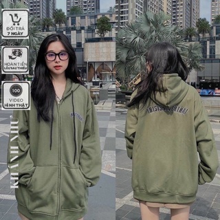 Áo khoác nỉ zip xanh rêu form rộng khánh như store - hoodie mũ 2 lớp tay bồng