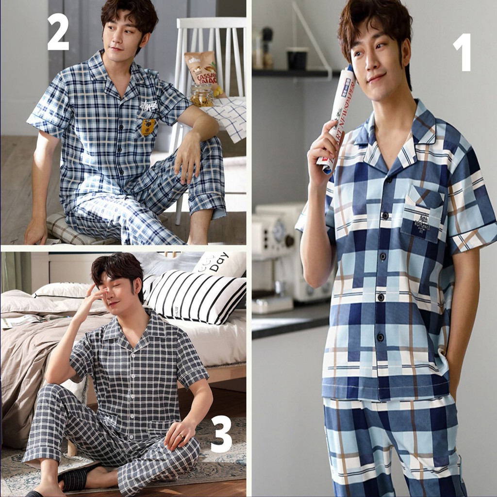 {VÍEO} Đồ bộ Pijama cộc tay họa tiết sọc Caro style Hàn Quốc-Đồ bộ nam vải COTTON ...