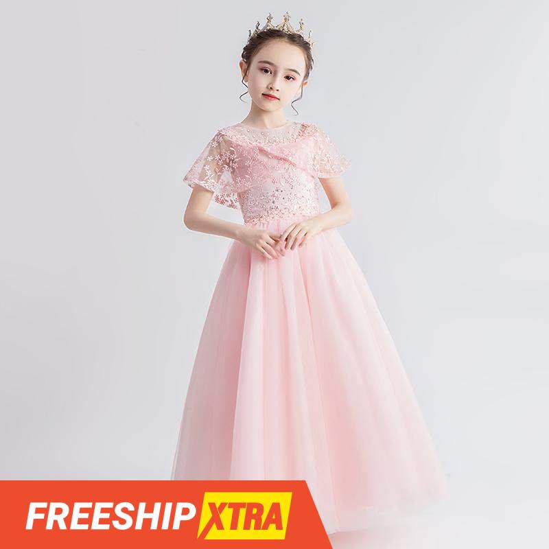 Đầm màu Hồng kiểu choàng vai công chúa cho bé gái 13kg-40kg
