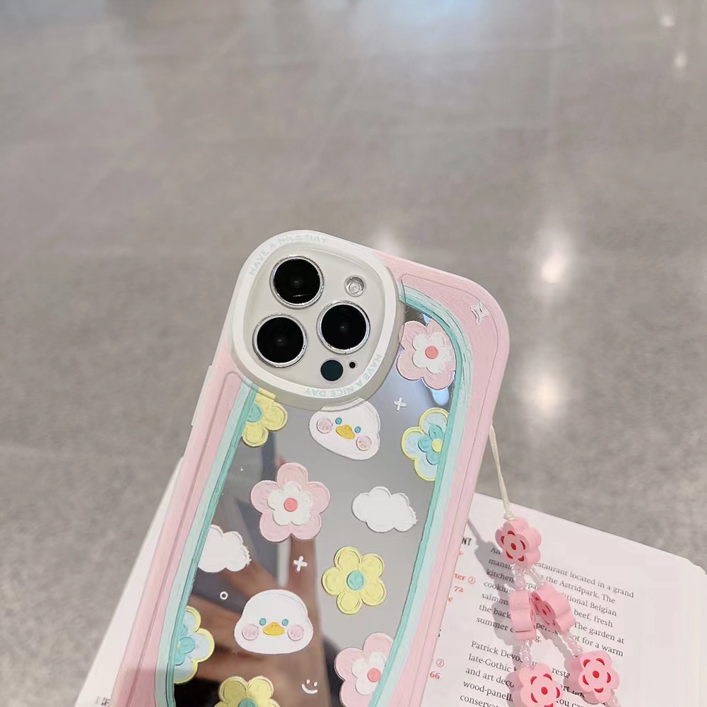 Ốp Điện Thoại tpu Dẻo Họa Tiết Chú Vịt &amp; Hoa Dễ Thương Kèm Vòng Đeo Tay Cho Iphone 12 pro max 11 pro max xs max xr x 13promax 7plus