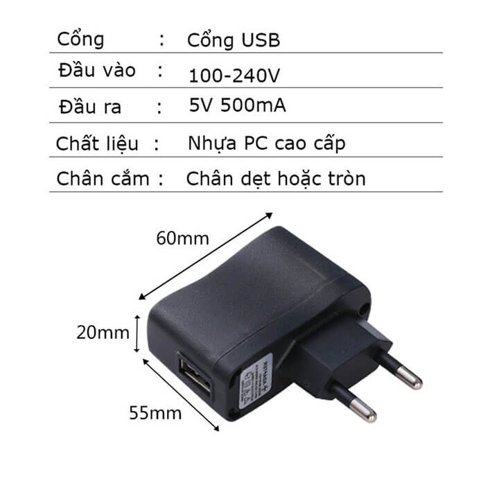 Củ sạc nhanh USB 5V 0.5A - Cơ Chế Bảo Vệ An Toàn Cho Thiết Bị - Hàng Cao Cấp