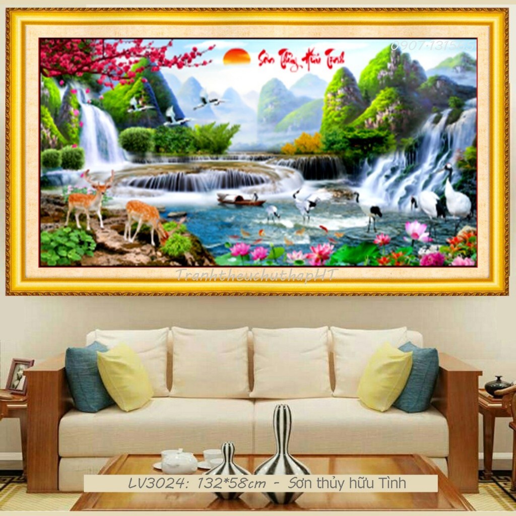 Tranh thêu chữ thập 3D Phong cảnh lưu thủy sinh tài LV3024 - tự thêu (2 size 132*58cm và 160*68cm)