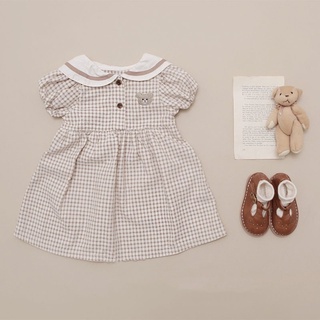 Váy babydoll kẻ cổ thuỷ thủ cho bé gái thêu gấu