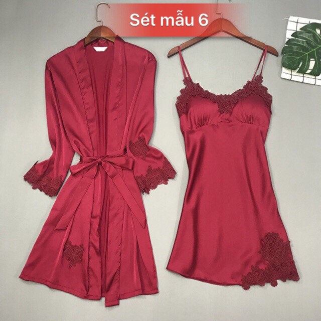 Bộ Ngủ Lụa Váy Ngủ Kèm Áo Choàng Vải Satin Chất Siêu Mát Dáng Siêu Xinh | BigBuy360 - bigbuy360.vn