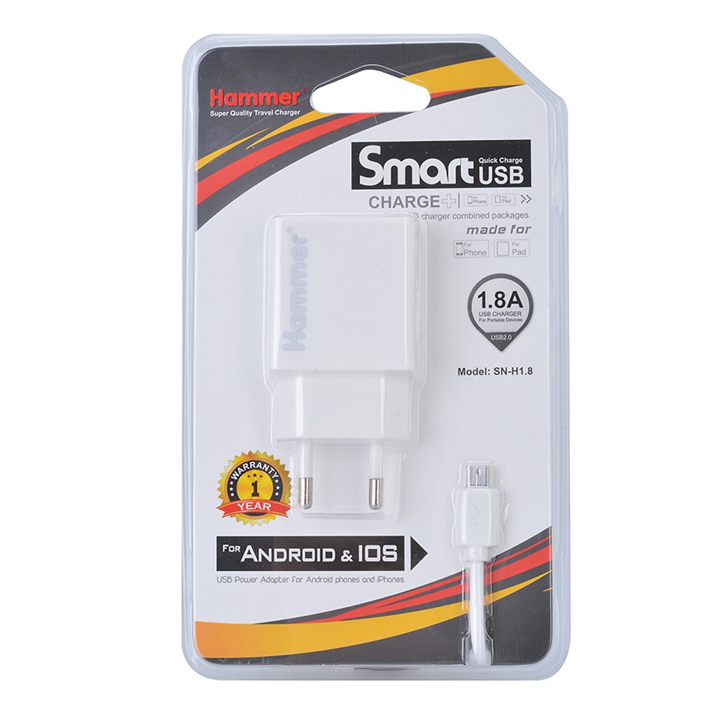 Bộ sạc Hammer Adapter Sạc + Dây Cáp Micro USB 1.8A