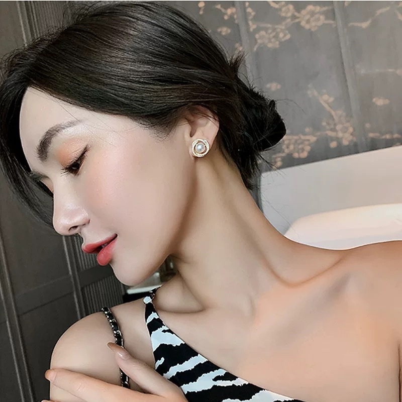 Bông tai ngọc trai nhân tạo đính đá hình bông hoa phong cách thanh lịch cho nữ BT57