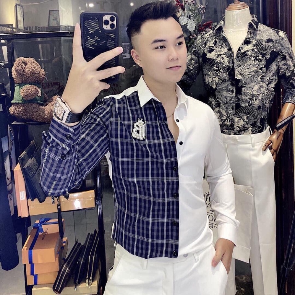 Áo sơ mi lụa nam dài tay hàn quốc cao cấp đẹp giá rẻ TCS MÃ 2 màu xanh trắng