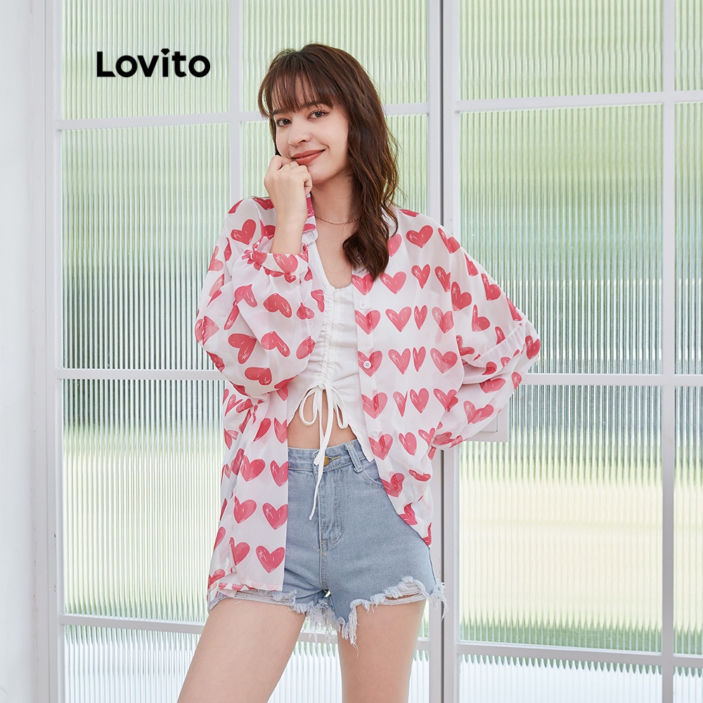Áo Lovito đơn giản dáng rộng có cổ dài tay in hình trái tim vải mỏng BLCWJRP2157 (màu hồng)