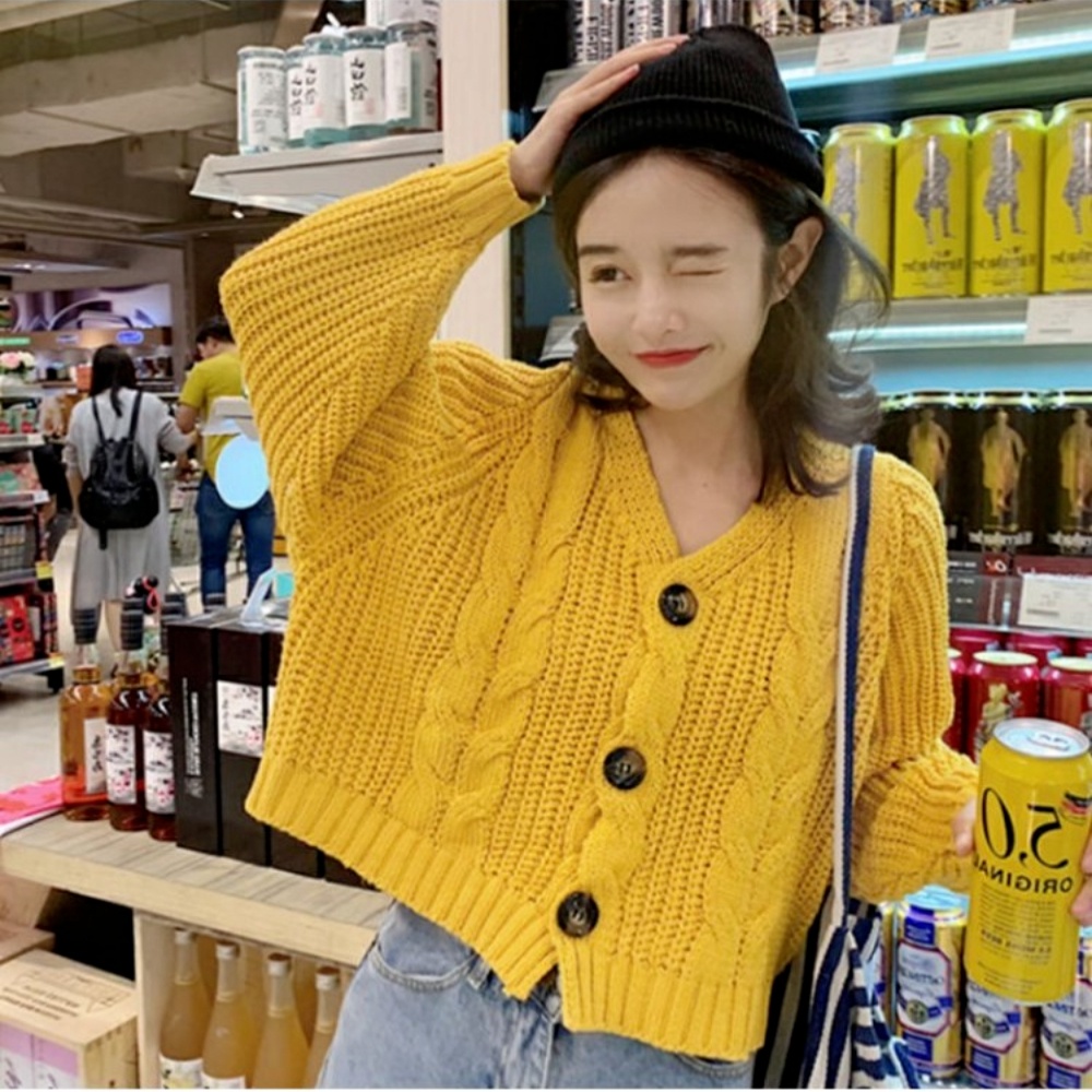 Áo khoác cardigan ZHELIHANGFEI dệt kim tay dài cổ chữ V dáng rộng lưng cao dễ phối đồ