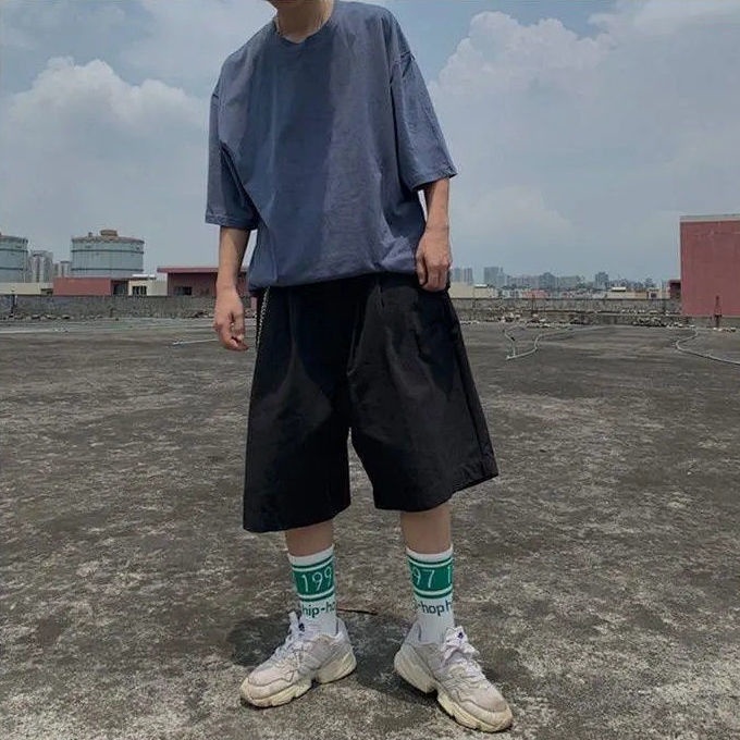 Quần Short Ống Rộng Phối Dây Xích Phong Cách Nhật Bản Thời Trang Mùa Hè Dành Cho Nam Và Nữ