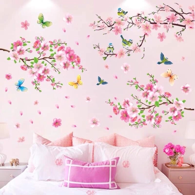Tranh dán tường, Decal dán tường hoa đào xinh xắn, chất liệu cao cấp chống thấm nước.