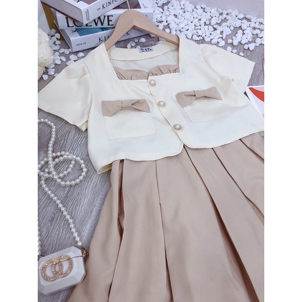 SET ÁO CROP VIỀN BÈO NGỰC TÚI ĐÍNH NƠ + CHÂN VÁY MIDI