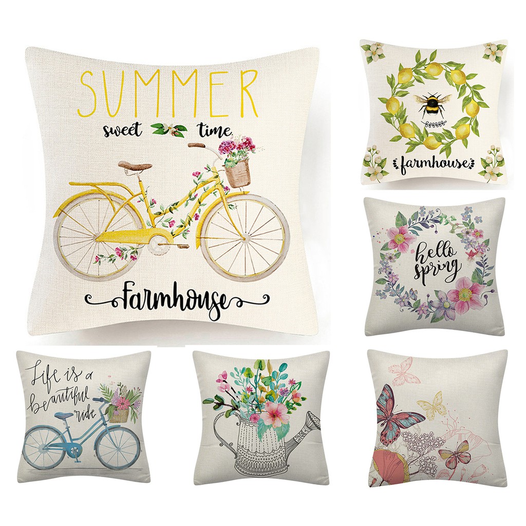 Vỏ gối chất liệu cotton lanh in hình hoa và bướm kích cỡ 40x40.45X45.50X50.60X60