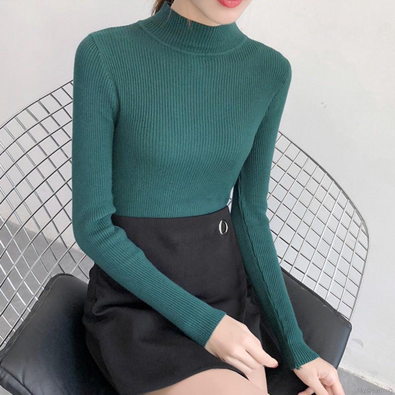 Áo Sweater tay dài màu trơn thiết kế cổ lọ thanh lịch