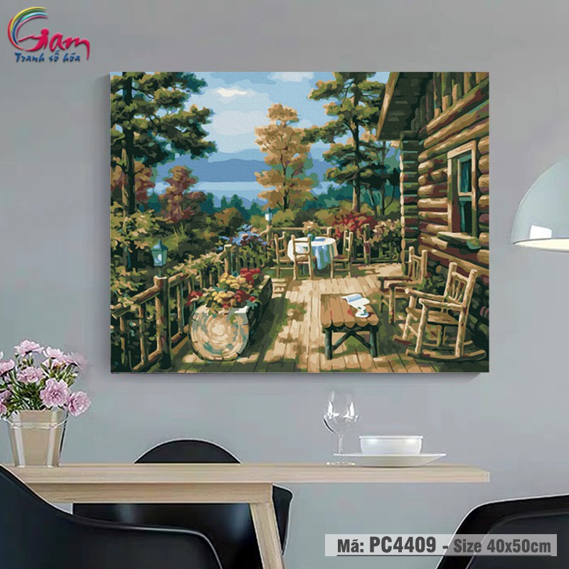 Tranh tô màu theo số phong cảnh nhà gỗ trong rừng Gam PC4409