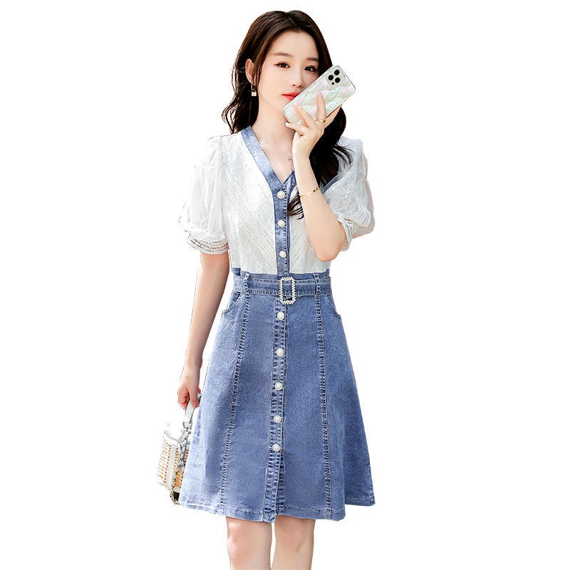 Đầm Denim Phối Ren Cổ Chữ v Thời Trang Hàn Quốc 2022