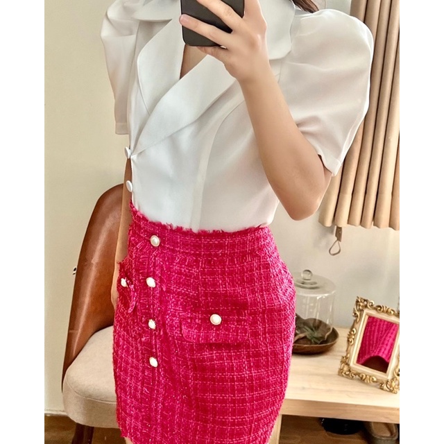Chân váy dạ tweed hồng
