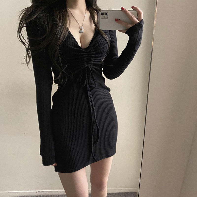 Đầm Dệt Kim Cổ Chữ V Phối Dây Rút Thời Trang Quyến Rũ Cho Nữ