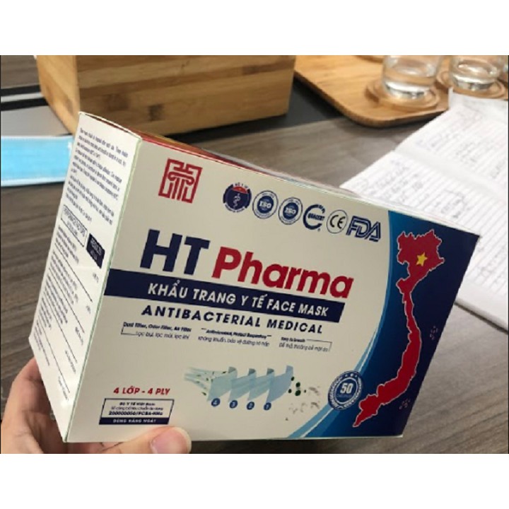 Khẩu trang y tế 4 lớp HT Pharma hộp 50 chiếc, khau trang y tế 4 lop hop 50