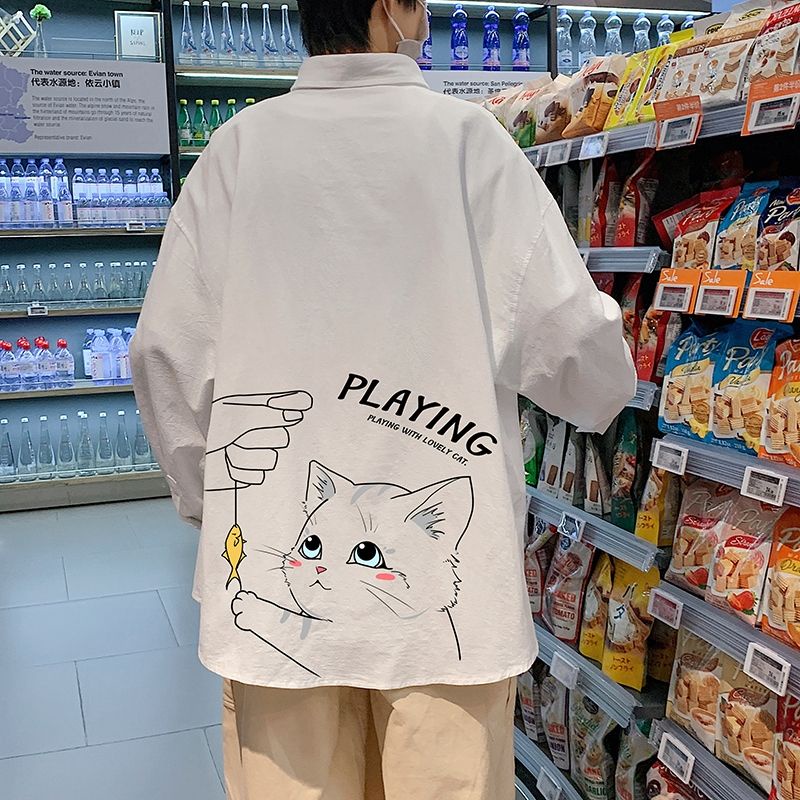 phong cách Nhật Bản áo sơ mi mèo con của đàn ông rộng rãi kích thước lớn thiết kế cảm giác thích hợp