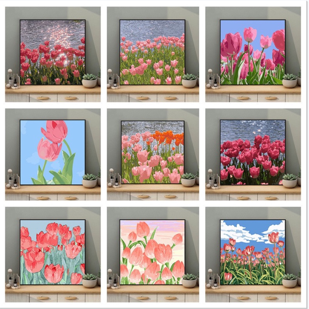 Tranh Tô Màu theo Số Hóa  Mẫu Hoa Tươi Hoa Tulip Tranh Phong Cảnh Đóng Khung 20*20 Có Kèm Cọ Mẫu Hottrend 2023