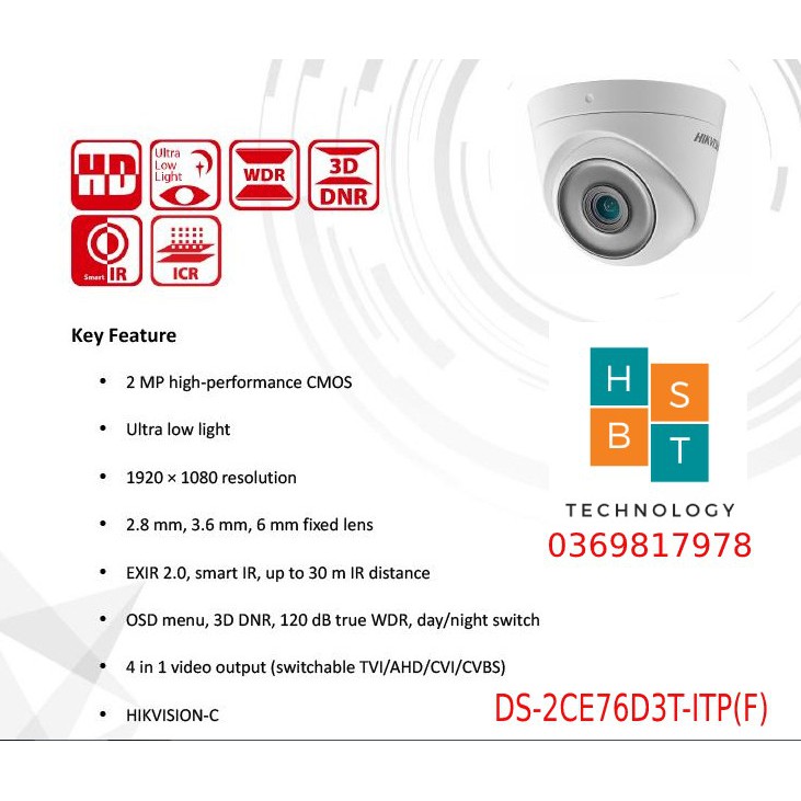 [GIÁ SỐC]Camera HDTVI Dome HIKVISION DS-2CE76D3T-ITP(F) 2.0MP chống ngược sáng hàng chính hãng bảo hành 2 năm