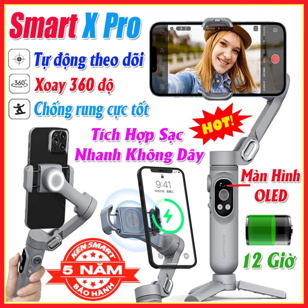 Tay cầm gimbal chống rung Smart X Pro - Gậy gimbal đa năng cho điện thoại adroid, IOS - 3 trục xoay, kết nối bluetooth