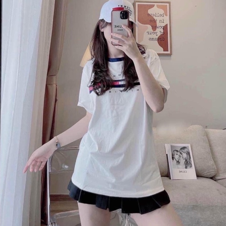 Áo phông tay lỡ form rộng unisex in họa tiết cổ tròn màu trắng đen tay ngắn  Áo thun cộc tay nữ hàn quốc bigsize đi học