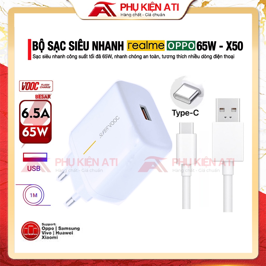 Bộ sạc Realme Oppo sạc siêu nhanh VOOC 65W - Dây sạc Realme Type C - Bảo hành Phụ kiện ATI