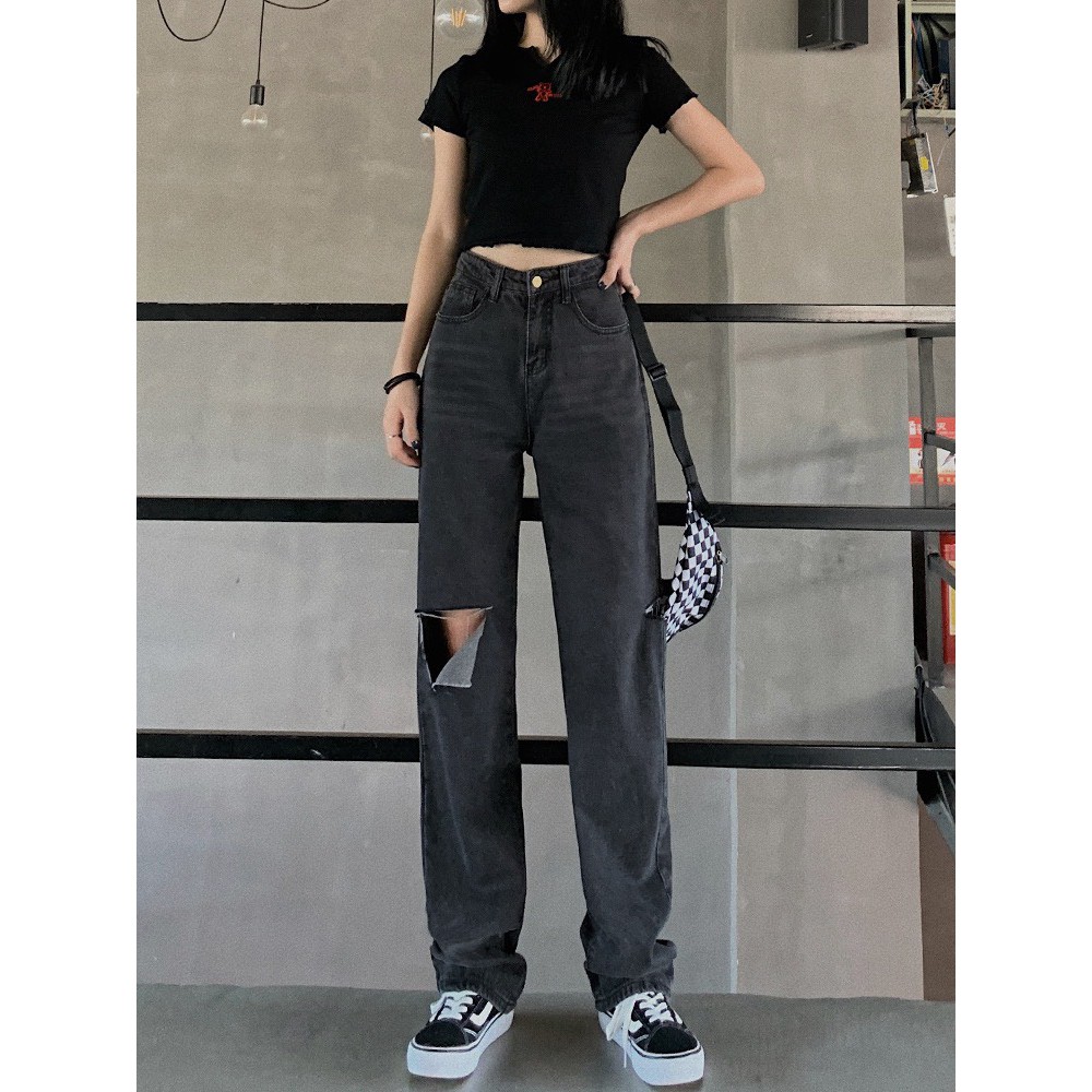 Quần jean baggy ống suông loe rộng lưng cao, phom dài, ống to dài rộng, màu xám đen 3285