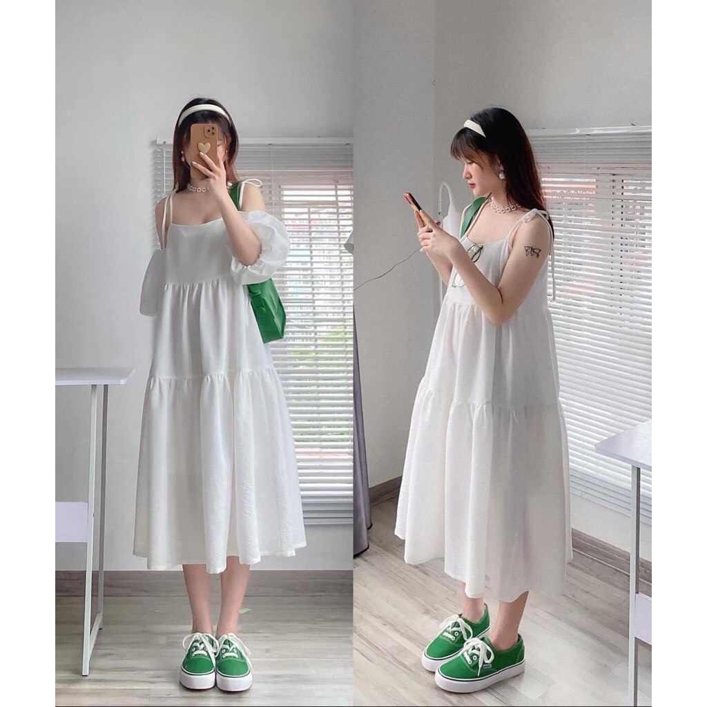 Váy Maxi 2 dây tay rời dáng babydoll chất đũi mặc được 4 kiểu phom suông màu đen xanh cốm trắng