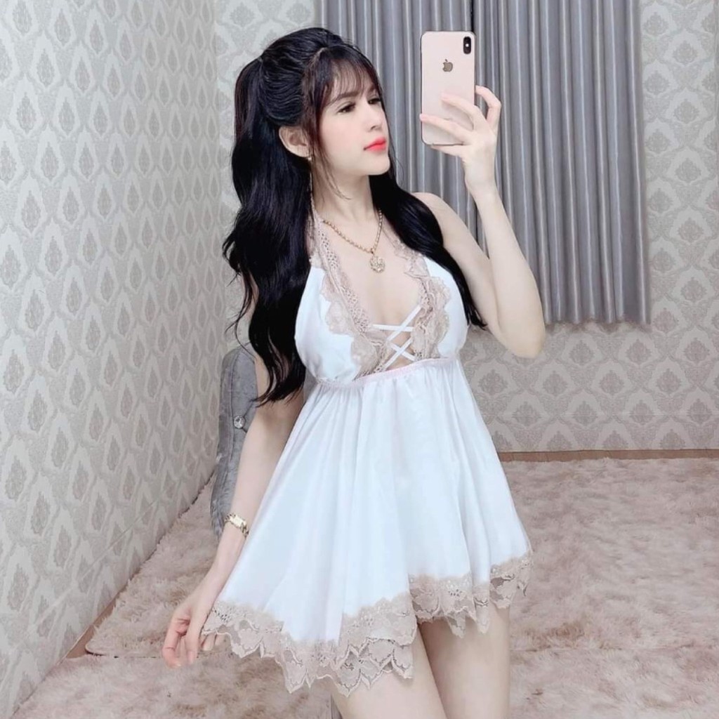 Đồ ngủ sexy đan dây ngực phối ren gợi cảm Hoàng Tình Store lụa satin cao cấp mềm mại kèm quần đùi thoáng mát Freesize